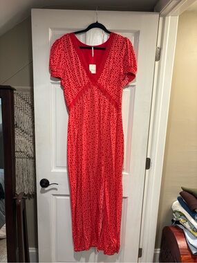Free People Red Geometric V-Neck Maxi Dress